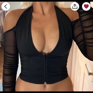 Mesh black long sleeve v-neck corset crop top